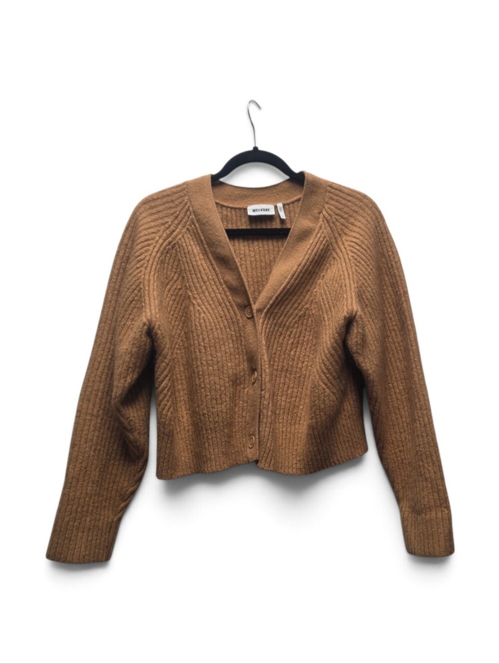 Weekday Ribbed Cropped Cardigan - Camel Brown
